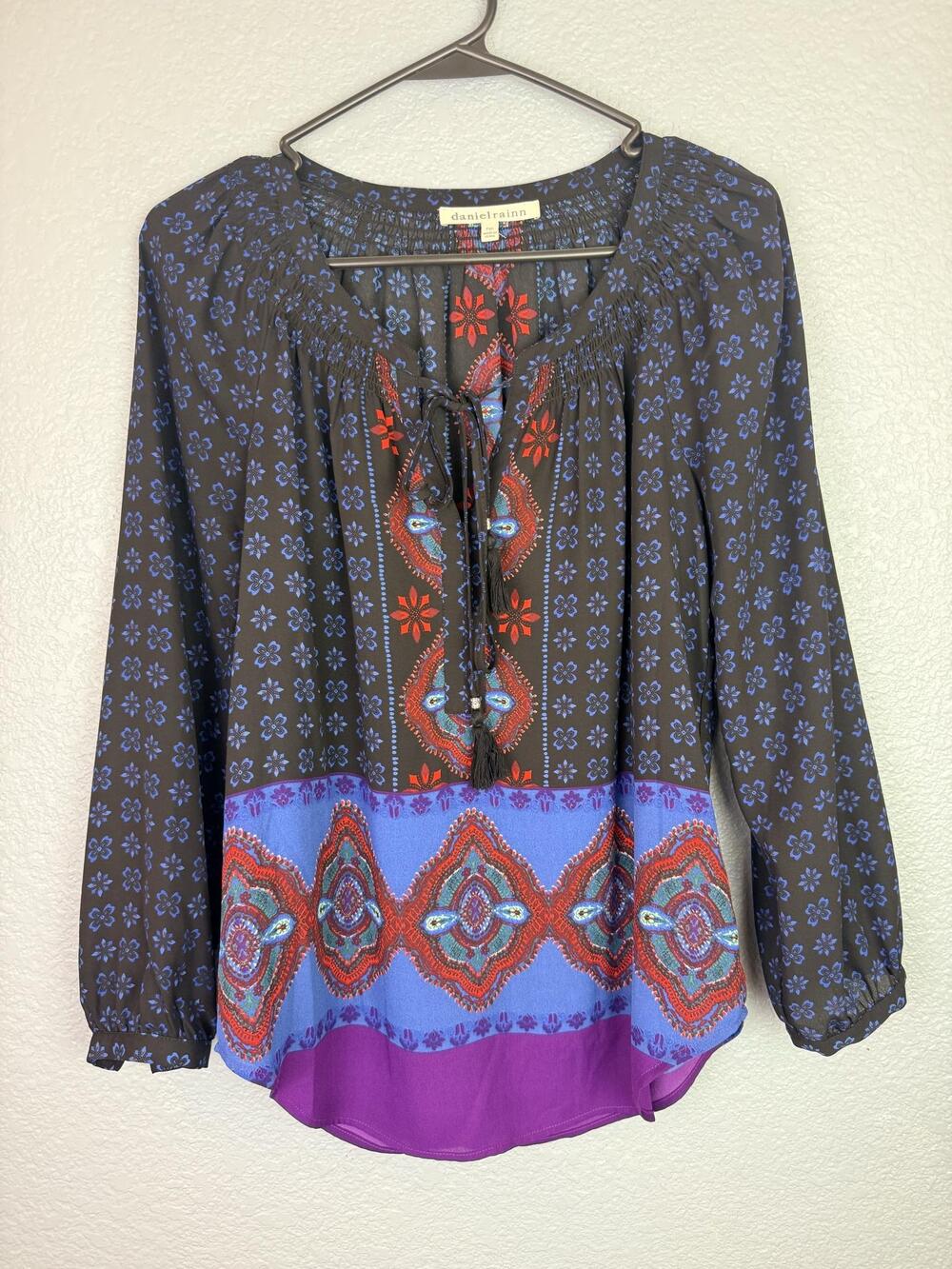 Daniel Rainn Blouse Womens PXS Multicolor Floral Boho Tassel Tunic Top